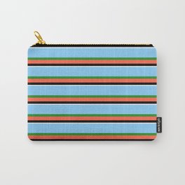 [ Thumbnail: Light Sky Blue, Forest Green, Red, Black, and White Colored Striped/Lined Pattern Carry-All Pouch ]