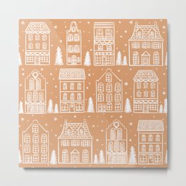 Gingerbread Town, Tan Metal Print | Snow, Town, Chicago, Beige, Pine, Christmas, Vintage, Holiday, Avsec, Tan 