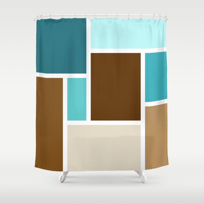 Mid Century Modern Color Blocks // Caribbean Blue, Ocean Blue, Dark Brown, Coffee Brown, Khaki Shower Curtain
