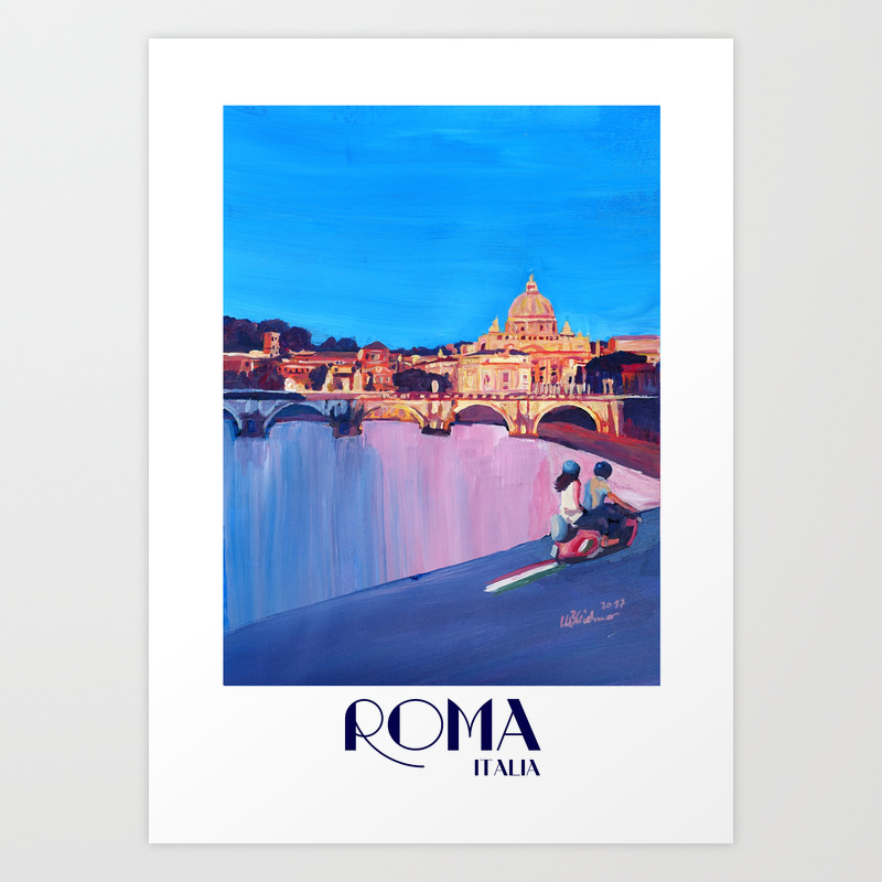 Rome Scene With Motorcycle And View Of Vatican With Dome Of St Peter Art Print