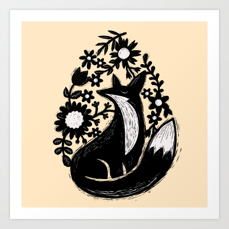 images Linocut Flowers sunshine fox and garden flowers linocut art print