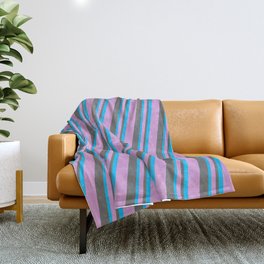 [ Thumbnail: Plum, Dim Gray, and Deep Sky Blue Colored Striped Pattern Throw Blanket ]