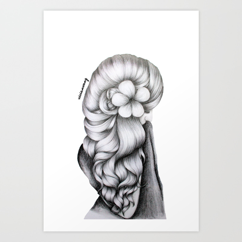 Black White Pencil Sketch Wavy Hair Flower Girl Art Print