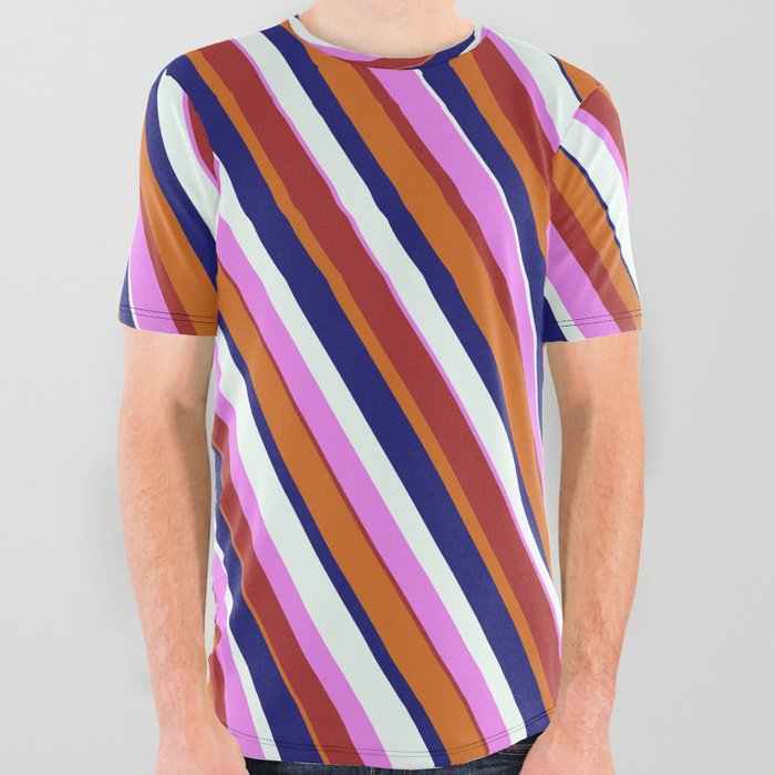 Eyecatching Chocolate, Midnight Blue, Mint Cream, Violet & Brown Colored Lines Pattern All Over Graphic Tee
