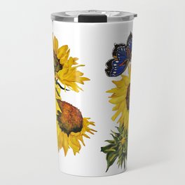 Blue Butterfly and Sunflowers on White Travel Mug