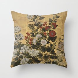 Flowers & Grapes Vintage Japanese Floral Gold Leaf Screen Throw Pillow