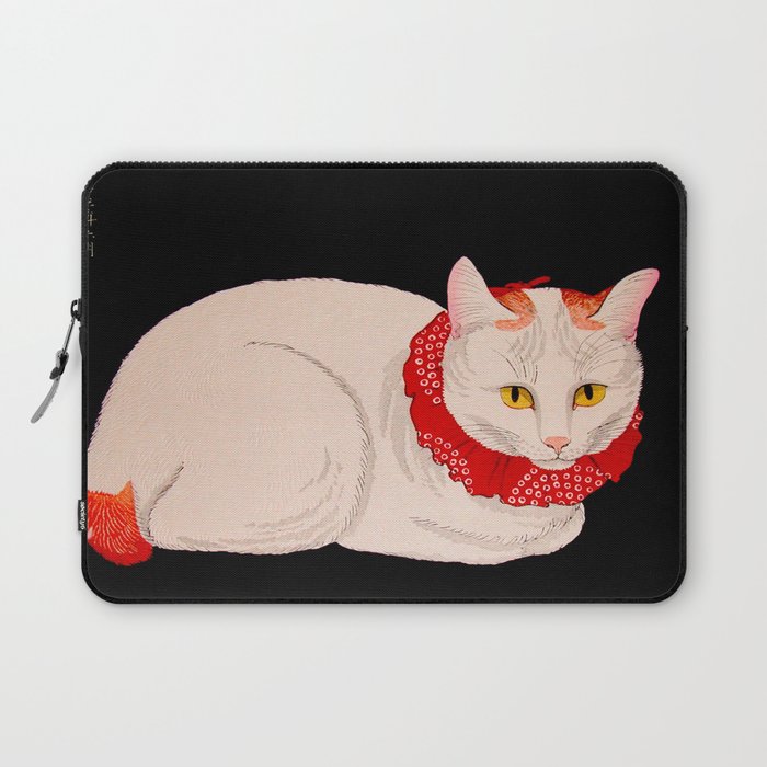 Shotei Takahashi White Cat In Red Outfit Black Background Vintage Japanese Woodblock Print Laptop Sleeve