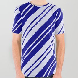 [ Thumbnail: Dark Blue and Lavender Colored Lines Pattern All Over Graphic Tee ]