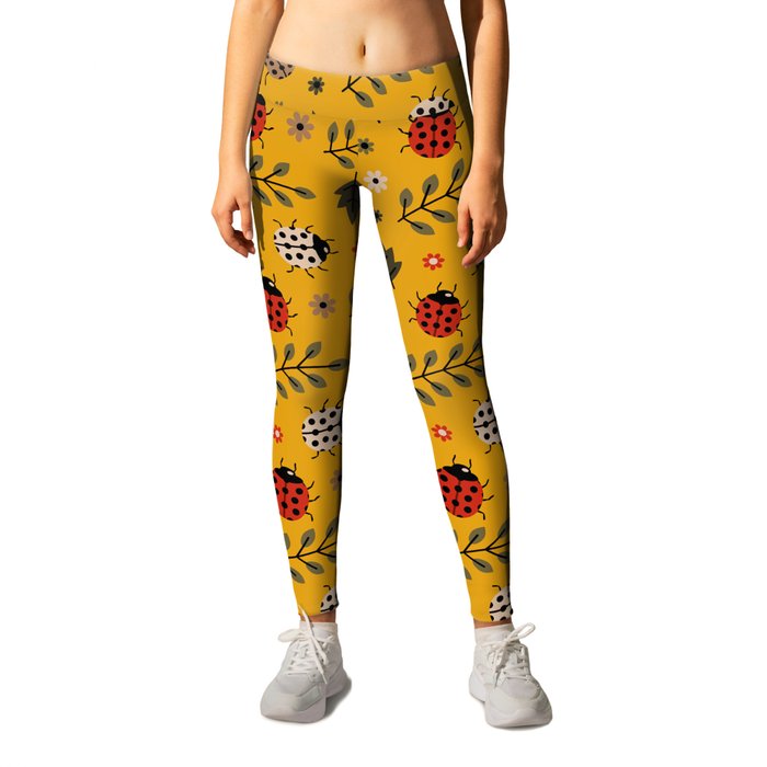 Ladybug and Floral Seamless Pattern on Mustard Background Leggings