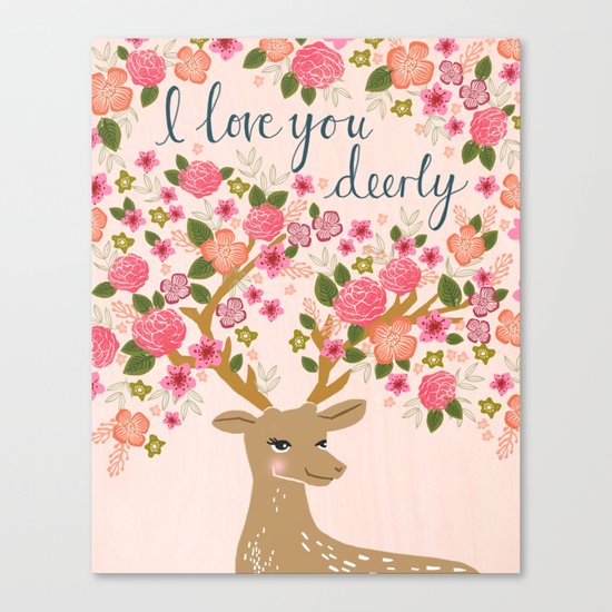 Love Deer Valentines day floral flower antlers Andrea Lauren Canvas Print