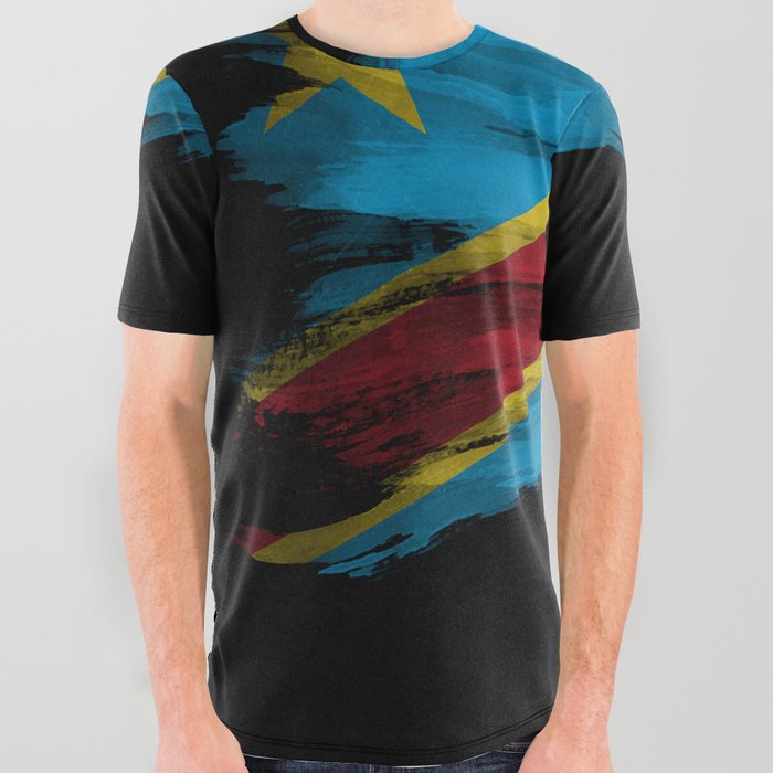 Democratic Republic of Congo flag brush stroke, national flag All Over Graphic Tee