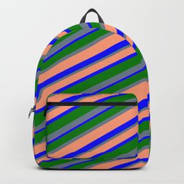 [ Thumbnail: Slate Gray, Light Salmon, Blue & Green Colored Lines/Stripes Pattern Backpack ]
