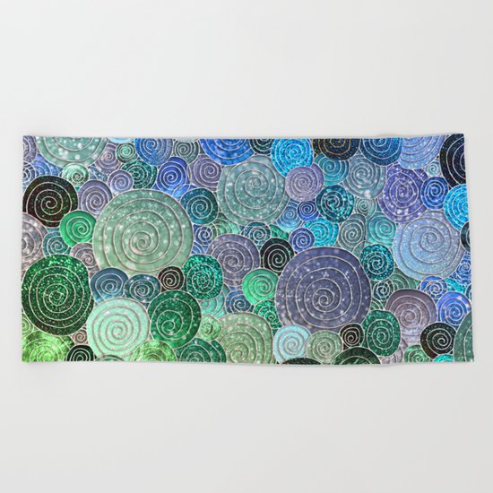 Abstract blue& green glamour glitter circles and polka dots for ladies Beach Towel