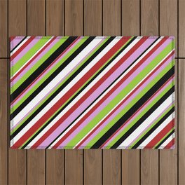[ Thumbnail: Red, Plum, Green, Black & White Colored Lines Pattern Outdoor Rug ]