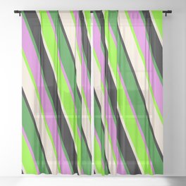 [ Thumbnail: Colorful Green, Beige, Black, Forest Green, and Orchid Colored Stripes/Lines Pattern Sheer Curtain ]