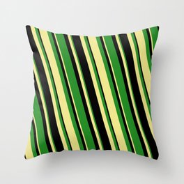 [ Thumbnail: Black, Forest Green, and Tan Colored Stripes Pattern Throw Pillow ]
