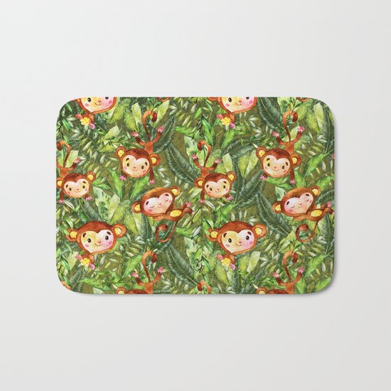 Monkey Jungle Fun-Monkeys in Palm Leaves Forest Bath Mat