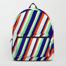 [ Thumbnail: Light Green, Blue, Red & Mint Cream Colored Stripes Pattern Backpack ]