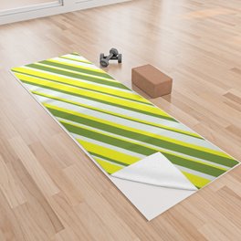 [ Thumbnail: Yellow, Green & Mint Cream Colored Lined Pattern Yoga Towel ]