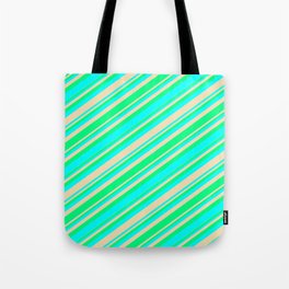 [ Thumbnail: Green, Aqua, and Tan Colored Stripes/Lines Pattern Tote Bag ]