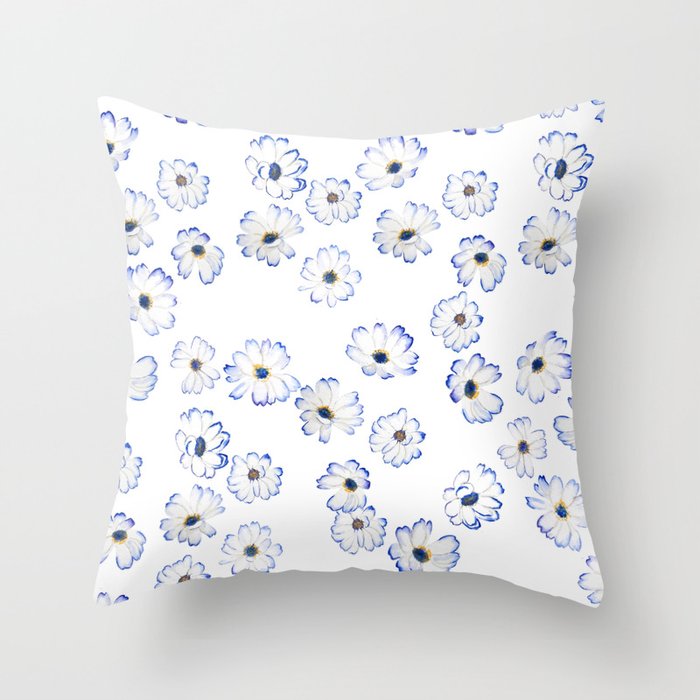 blue and white  flowers pattern pericallis hydrida Throw Pillow