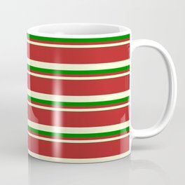 [ Thumbnail: Red, Light Yellow, and Green Colored Striped/Lined Pattern Coffee Mug ]
