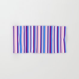[ Thumbnail: Pink, Blue, Purple, and White Colored Stripes/Lines Pattern Hand & Bath Towel ]