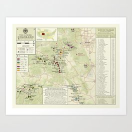 Colorado 14er's (Green hue) hiking map Art Print