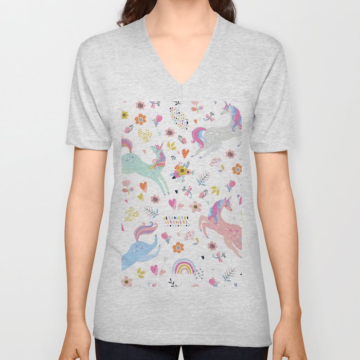 Magical Pastel Unicorn Floral V Neck T Shirt