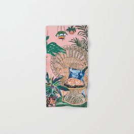 Ginger Cat in Peacock Chair with Indoor Jungle of House Plants Interior Painting Hand & Bath Towel