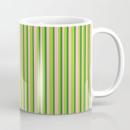 [ Thumbnail: Light Pink, Green & Forest Green Colored Lines Pattern Coffee Mug ]