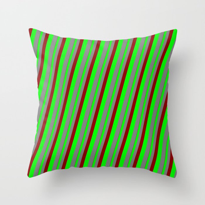 Dark Red, Lime, and Gray Colored Stripes Pattern Throw Pillow