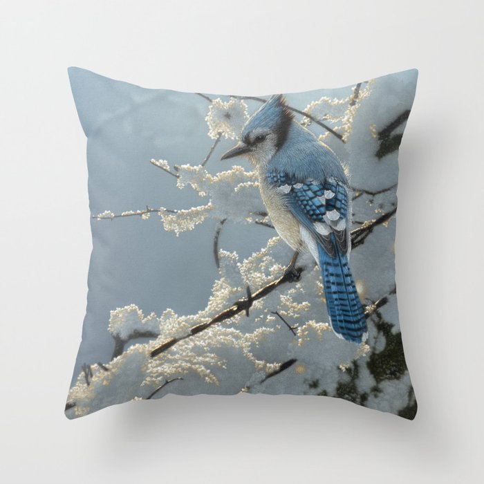 Blue Jay - On the Fence Throw Pillow