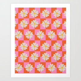 Retro Daisies On Checkerboard Art Print