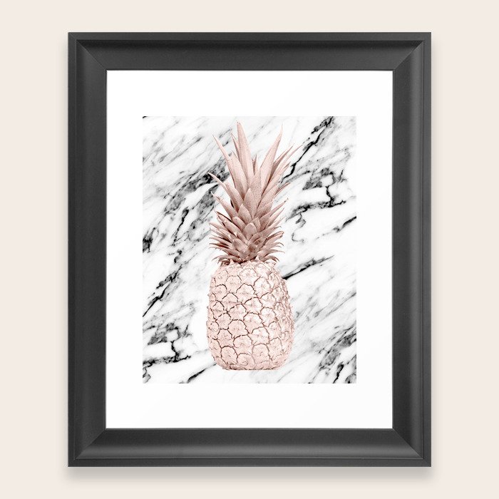 Rose Gold Pineapple On Black And White Marble Framed Art Print By
