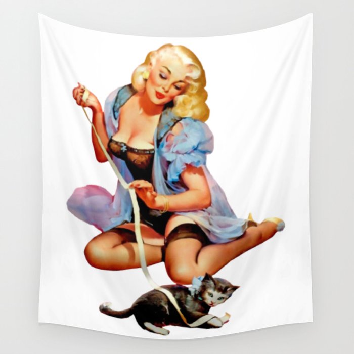 Sexy Blond Vintage Pinup Playing With a Cute Puppy Cat Wall Tapestry
