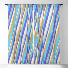 [ Thumbnail: Beige, Dark Goldenrod, Deep Sky Blue & Blue Colored Stripes Pattern Sheer Curtain ]