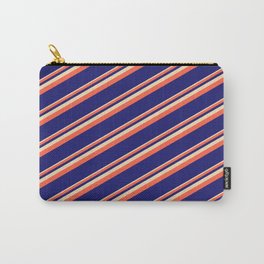 [ Thumbnail: Tan, Red, and Midnight Blue Colored Lined Pattern Carry-All Pouch ]