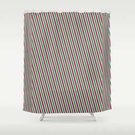 [ Thumbnail: Colorful Red, Purple, Mint Cream, Dark Green, and Aquamarine Colored Stripes/Lines Pattern Shower Curtain ]