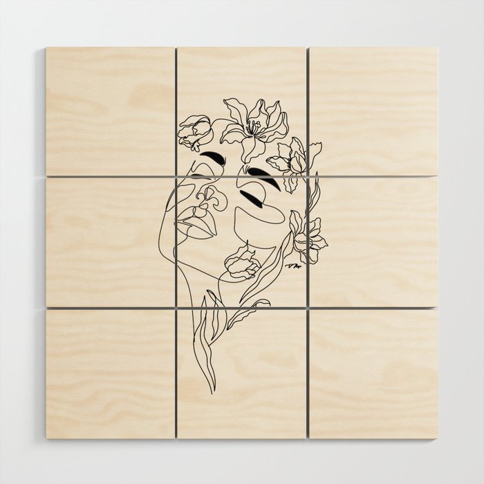 Minimal Woman Face line art. Head of Flowers Art Print Flower Woman Line Art Wood Wall Art