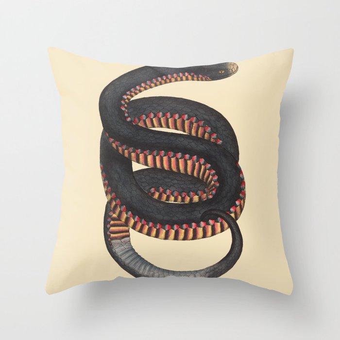 Crimson-Sided Snake Vintage Illustration by James Sowerby 1794 Realistic Black Zoology Hand Drawings Throw Pillow