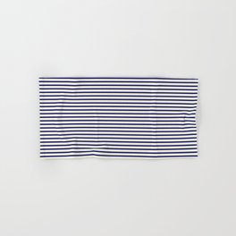 [ Thumbnail: Midnight Blue & Beige Colored Striped Pattern Hand & Bath Towel ]