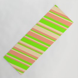 [ Thumbnail: Beige, Light Salmon & Chartreuse Colored Stripes Pattern Yoga Mat ]