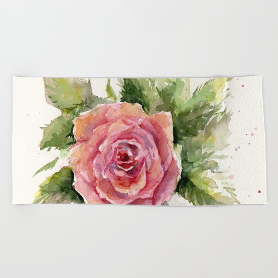 Red Rose Watercolor Pink Rose Flower Floral Art Beach Towel