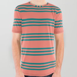 [ Thumbnail: Salmon and Teal Colored Striped/Lined Pattern All Over Graphic Tee ]