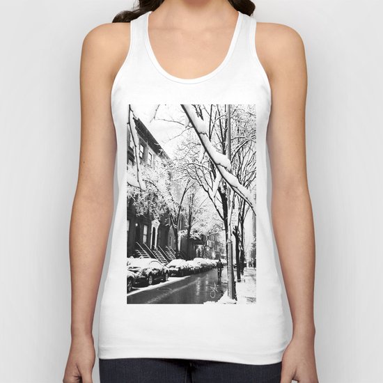 Black and White Photo of the Beautiful Brooklyn Heights covered in icy snow Unisex Tank Top