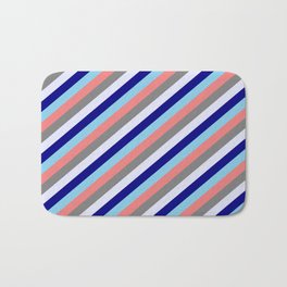 [ Thumbnail: Eyecatching Sky Blue, Light Coral, Grey, Lavender & Blue Colored Striped Pattern Bath Mat ]