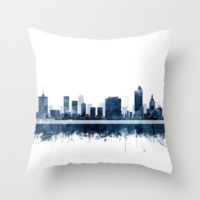 Tulsa Skyline Watercolor Navy Blue by Zouzounio Art Throw Pillow