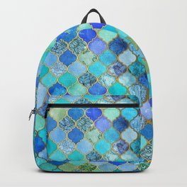 Cobalt Blue, Aqua & Gold Decorative Moroccan Tile Pattern Backpack