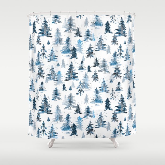 Watercolor Trees Pines Blue Shower Curtain